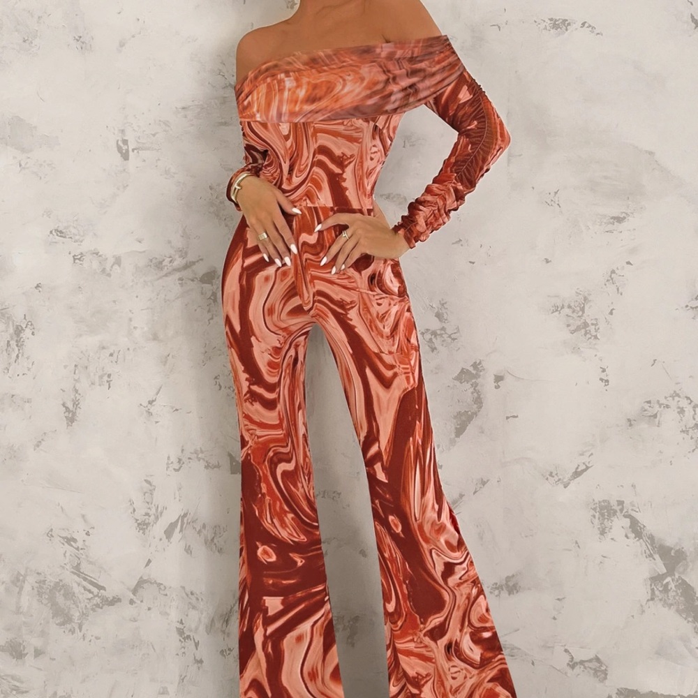 Club L London Off-Shoulder Swirl Jumpsuit in Red and Orange